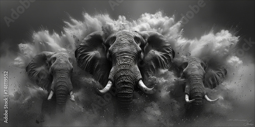 The elephant family, passing through the savannah, raising clouds of dust and creating a majestic photo