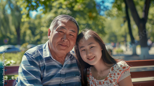 Adult father with younger daughter on park bench, portrait of happy central asian family, caring concept and Father's Day poster