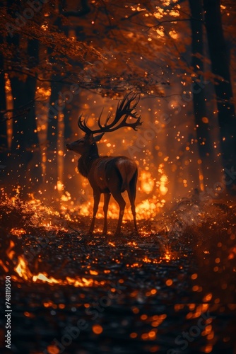 A lone deer amidst fiery woods, seeking solace in a mystical potion glade