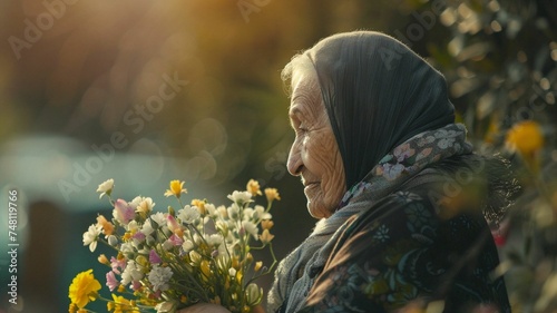 closeup portrait of an elder woman with a white flowers. Street background. For mother's, woman's, and Grandma's day. Lifestyle image. Celebration concept. With copy space for text photo