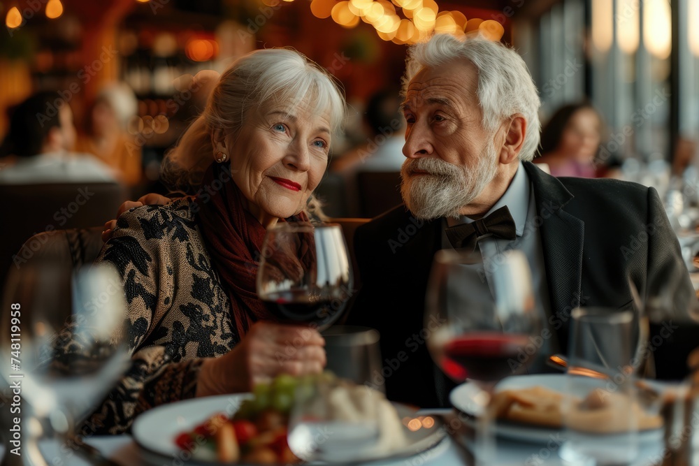 Timeless Romance: An enchanting scene unfolds as an elder couple, dressed in formal wear, share a passionate meal with red wine at a classy restaurant, epitomizing the enduring love and romance Timeless Romance: An enchanting scene unfolds as an elder couple, dressed in formal wear, share a passionate meal with red wine at a classy restaurant, epitomizing the enduring love and romance