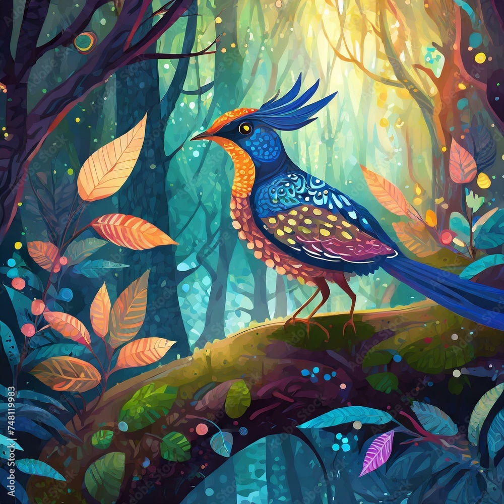 Colorful Bird in a Magical Fantasy Forest