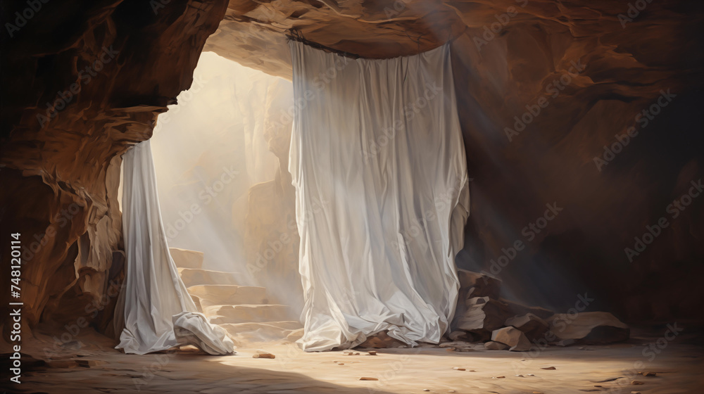 rests a bloodstained white shroud. As Easter dawns, the cave becomes a focal point of intrigue and wonder. What role does this shroud play in the miraculous events of Jesus' resurrection - obrazy, fototapety, plakaty 
