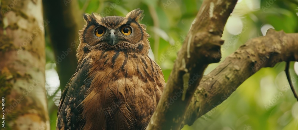 A Brown Fish Owl is perched on a tree branch, showcasing its large eyes and distinctive feathers. The owl appears alert, possibly hunting or surveying its surroundings. A Brown Fish Owl is perched on a tree branch, showcasing its large eyes and distinctive feathers. The owl appears alert, possibly hunting or surveying its surroundings.