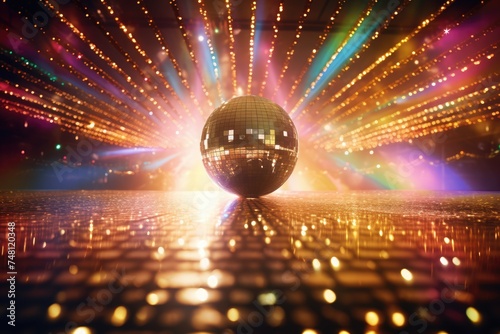 Dive into the Disco Fever: Disco Ball, Vibrant Lights and Colors Illuminate the 1970s Dance Floor, Creating an Energetic Atmosphere of Nostalgic Celebration. Copy Space.
