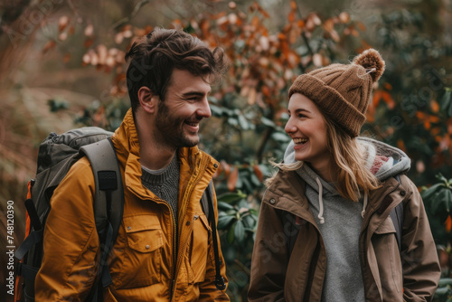 Happy couple talking while enjoying in walk in nature