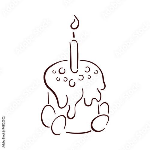 Happy Easter cake with candle and eggs in line art style. Sweet pastries with glaze hand drawn, sketch. Vector illustration isolated on a white background.