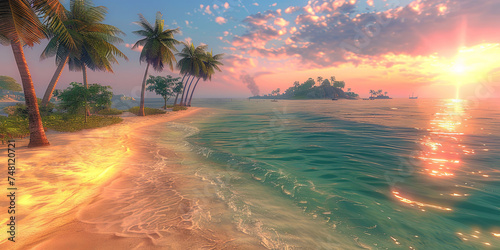Violetpink shades of sunset around palm trees create an amazing lo