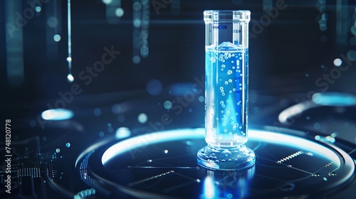 Captivating test tube hologram in blue emerging from a digital tech background perfect for editorial content