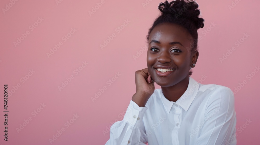 Charming woman multiple poses smiling softly pastel background offering space for copy Charming woman multiple poses smiling softly pastel background offering space for copy