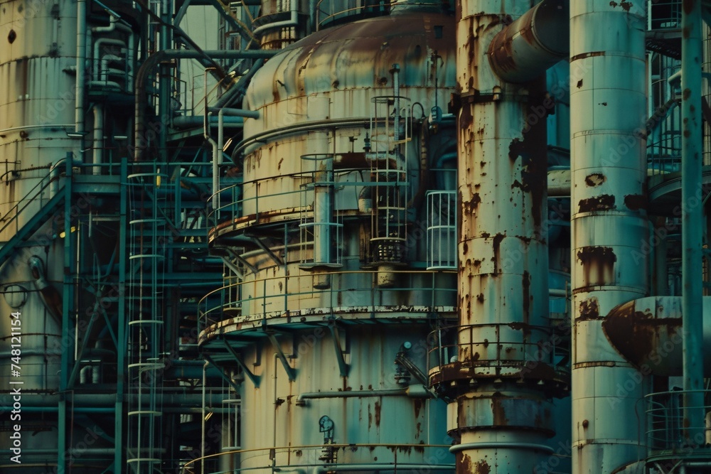 Close up of the steel structures within an oil and gas refinery highlighting technological prowess