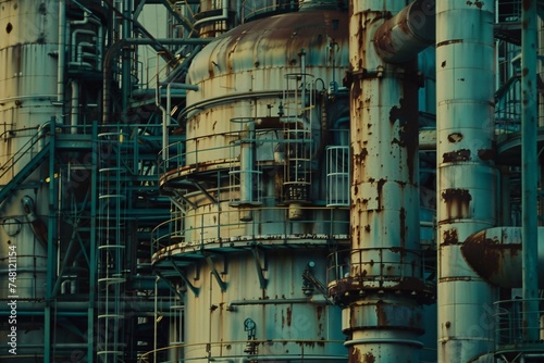 Close up of the steel structures within an oil and gas refinery highlighting technological prowess