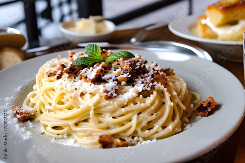 Italian spaghetti carbonara with tiramisu
