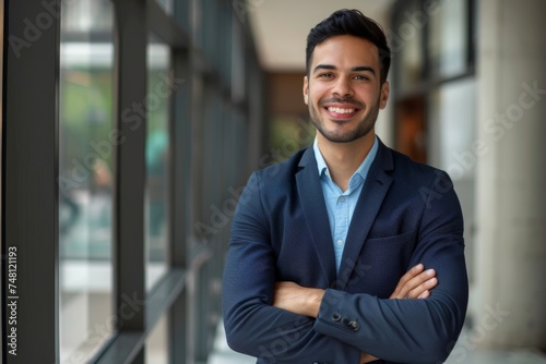 A smiling young Latin business leader with arms crossed in office hallway