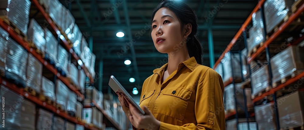 Asian woman worker holds a tablet in hand in warehouse Asian woman worker holds a tablet in hand in warehouse