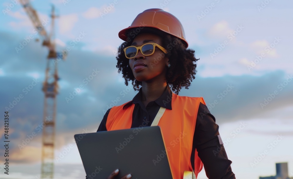 African American woman architect in vest and helmet holding laptop with sky and urban background