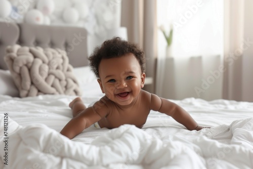 African American baby crawling playing on bed in bedroom Smiling wearing diaper photo