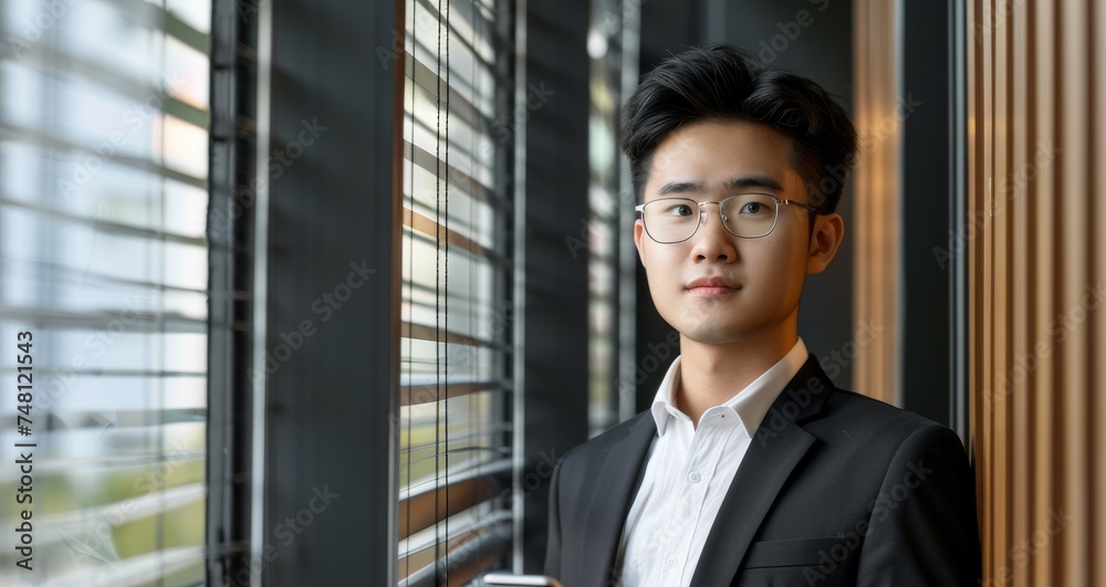 Asian business leader with phone in modern office pondering business vision Asian business leader with phone in modern office pondering business vision