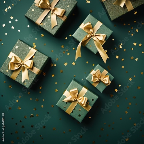 green gift box wrapped with gold bow and ribbon isolated on white background. 
