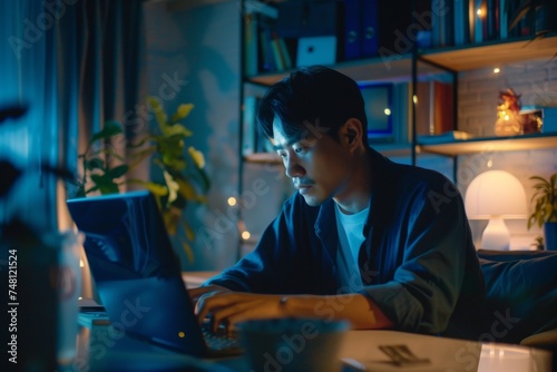 Asia businessman on laptop in video call meeting while self isolating at home due to coronavirus