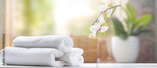 A close-up view of a neatly stacked pile of white towels sitting on top of a white table. In the background, there is blurred bathroom decor, including organic soap,