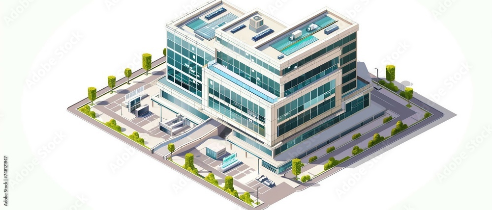 an isometric 3D representation of a Government building with a classic and imposing architectural design. with a national flag at the top. 