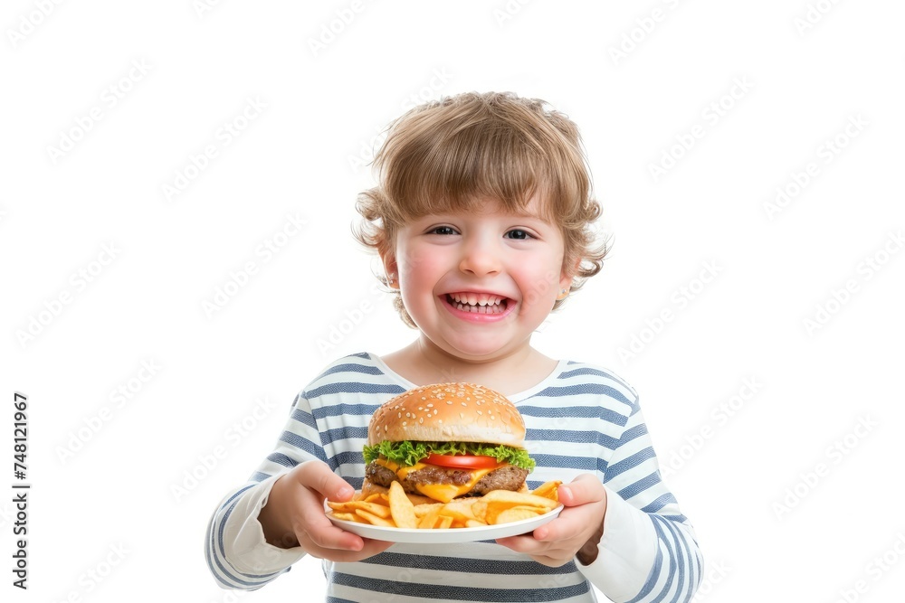 Snack Time: A Cheerful Toddler Holds a Plate of Burgers and Chips, Brimming with Excitement and Happiness Against a White Studio Background. Copy Space. Snack Time: A Cheerful Toddler Holds a Plate of Burgers and Chips, Brimming with Excitement and Happiness Against a White Studio Background. Copy Space.