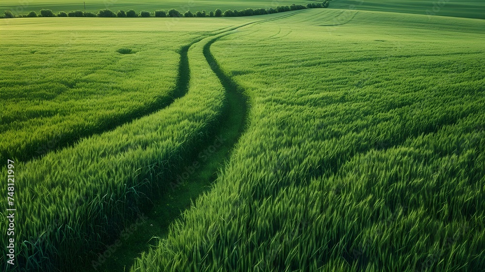 Green meadow meanders into wheat field horizon