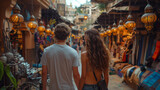 A young couple exploring a vibrant, bustling marketplace in a foreign city