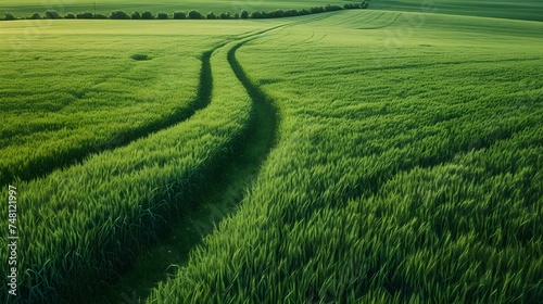 Green meadow meanders into wheat field horizon