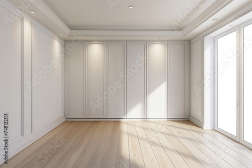 Minimalist bedroom with white walls, laminate flooring, built-in wardrobe