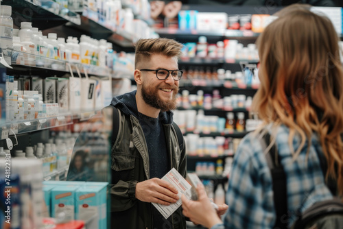 Happy man buying in drugstore with help of females pharmacist