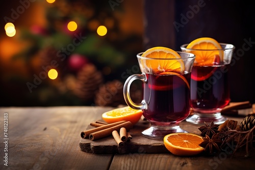 Cup with non-alcoholic mulled wine and a slice of orange, space for text or product, Christmas background, Christmas Eve 