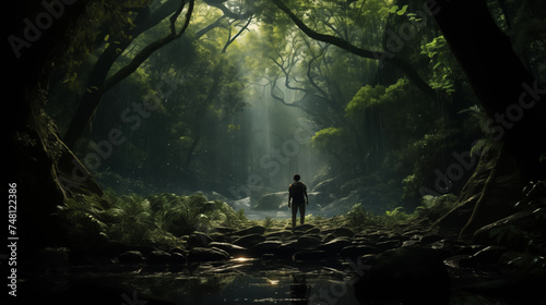 Deep in heart of lush, ancient forest, solitary explorer stumbles upon a hidden glade untouched by human hands. Describe sights, sensations as they immerse themselves in the pristine beauty of nature