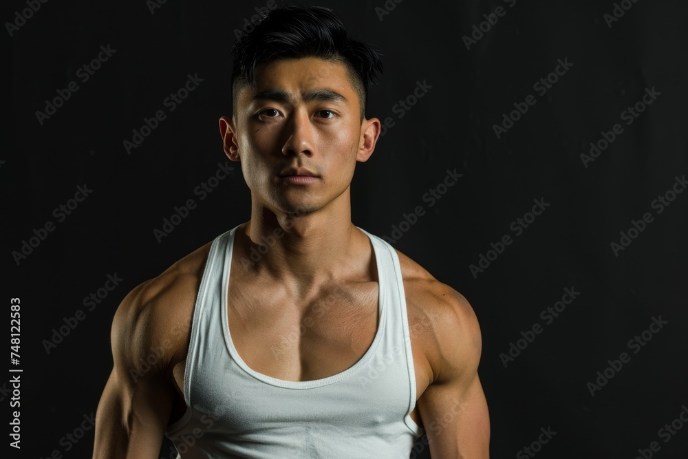 Fototapeta premium Attractive Asian man in good shape on black background