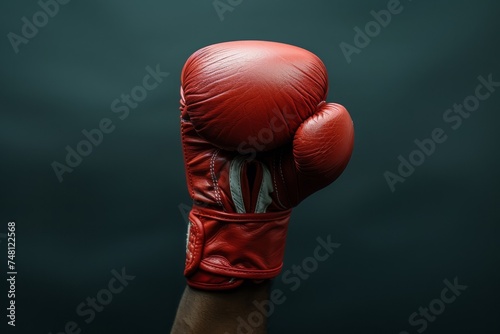 Athlete s hand in boxing glove on dark backdrop photo