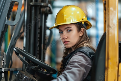 Attractive woman operator using forklift at a warehouse