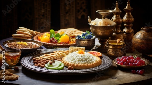 Traditional Suhur breakfast, Sweets, Food and Dishes on the table. The Muslim fast of Ramadan.