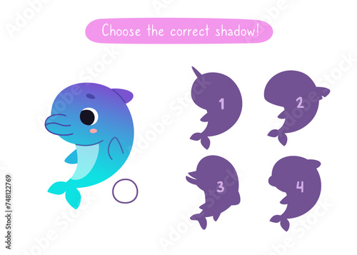 Mini game with cute dolphin for kids. Find the correct shadow of cartoon baby dolphin. Brainteaser for children.