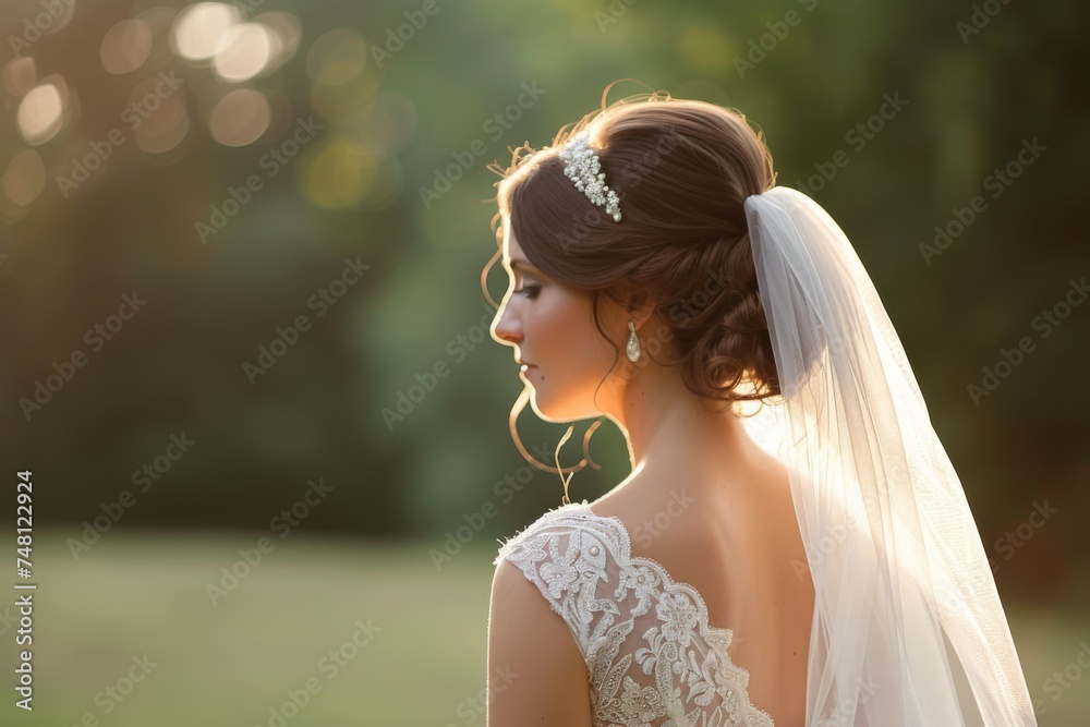 Beautiful bride with veil looking back Beautiful bride with veil looking back
