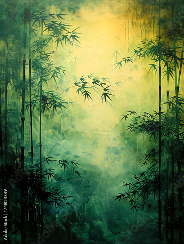 Serene Bamboo Forest in Misty Morning Light created with Generative AI technology © Fernando Cortés