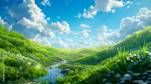 Lush Green Hills with Wildflowers and Serene Sky created with Generative AI technology © Fernando Cortés