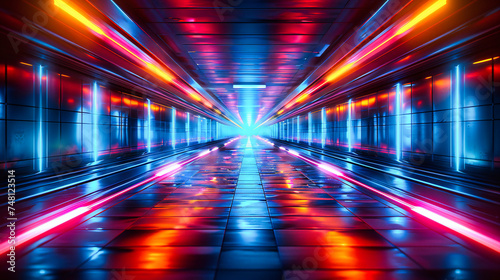 Futuristic Corridor with Glowing Neon Lights, Blue and Purple Abstract Tunnel Background