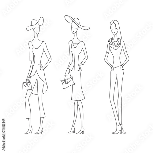 Fashion women. Drawing black outline model set.