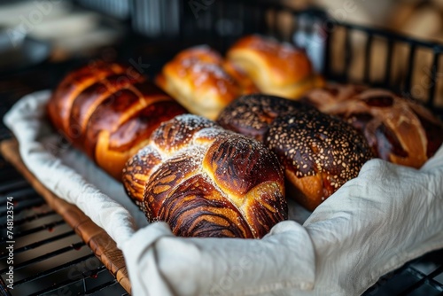 Beautifully patterned bread rich pastries at home in a linen bag on a black grill photo