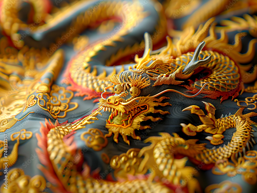 Fototapeta premium Opulent Dragon Embroidery on Luxurious Fabric, Traditional Artistry created with Generative AI technology