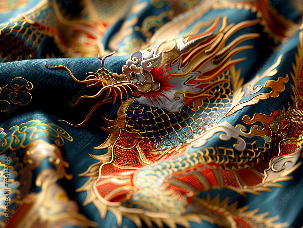 Opulent Dragon Embroidery on Luxurious Fabric, Traditional Artistry created with Generative AI technology Opulent Dragon Embroidery on Luxurious Fabric, Traditional Artistry created with Generative AI technology
