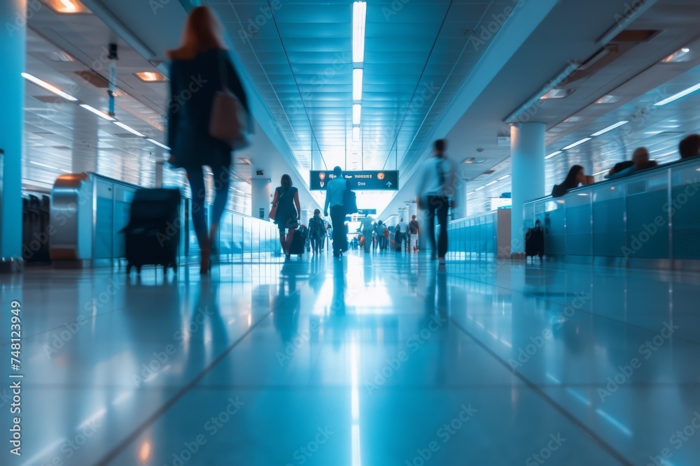 Blurred passengers and flight attendants moving at the airport corridor