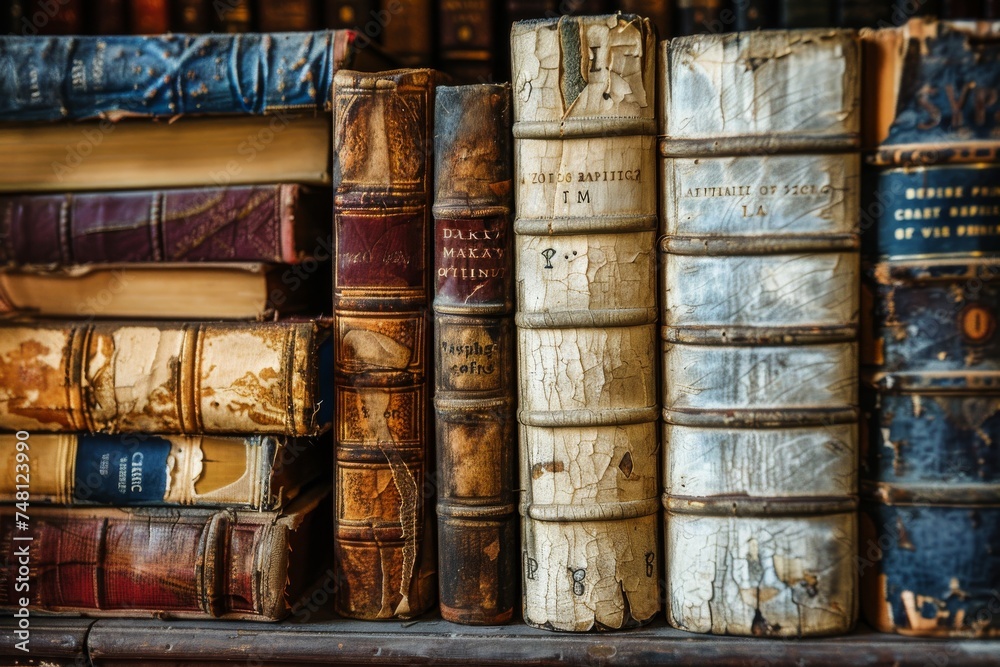 Blurred selective focus on old book textures in library shelves Blurred selective focus on old book textures in library shelves