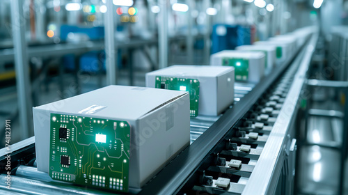 Wallpaper Mural Futuristic Automated Production Line with Smart Technology Packaging created with Generative AI technology. Torontodigital.ca